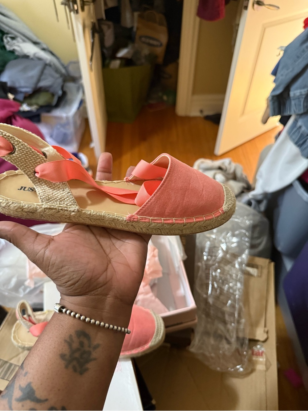JustFab Coral Espadrille Flats with Ribbon Ankle Tie
